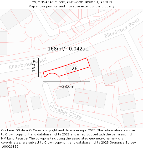 26, CINNABAR CLOSE, PINEWOOD, IPSWICH, IP8 3UB: Plot and title map