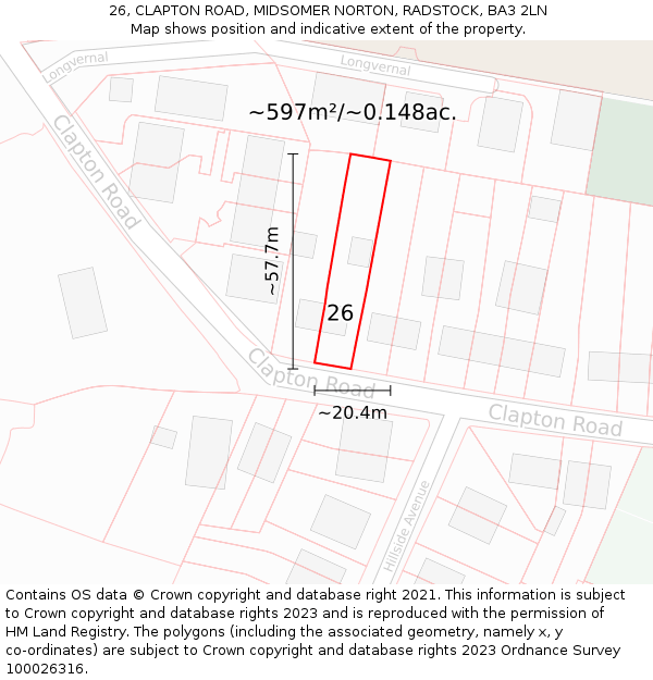 26, CLAPTON ROAD, MIDSOMER NORTON, RADSTOCK, BA3 2LN: Plot and title map
