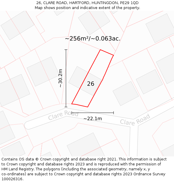 26, CLARE ROAD, HARTFORD, HUNTINGDON, PE29 1QD: Plot and title map