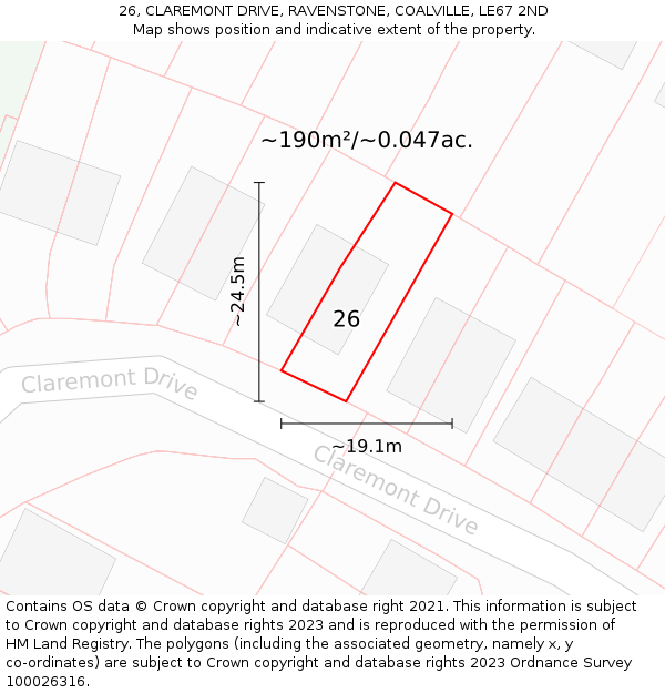 26, CLAREMONT DRIVE, RAVENSTONE, COALVILLE, LE67 2ND: Plot and title map