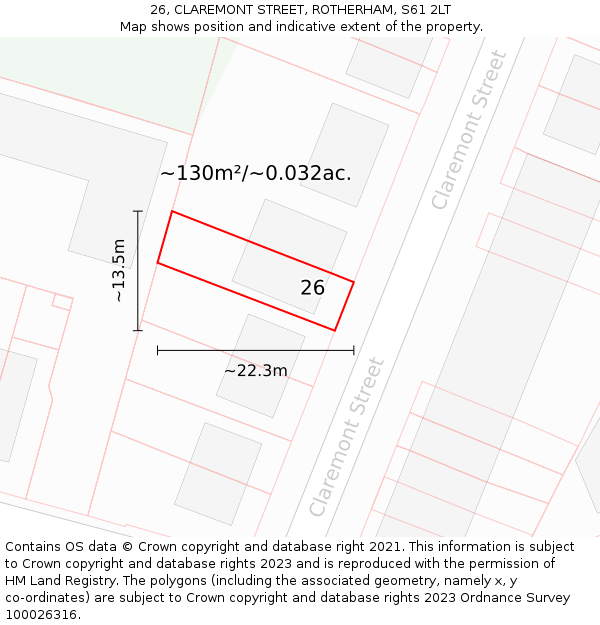 26, CLAREMONT STREET, ROTHERHAM, S61 2LT: Plot and title map