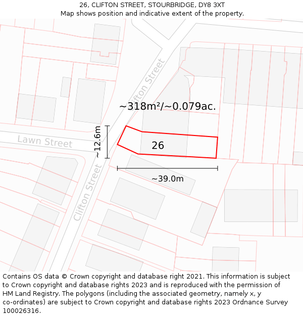 26, CLIFTON STREET, STOURBRIDGE, DY8 3XT: Plot and title map