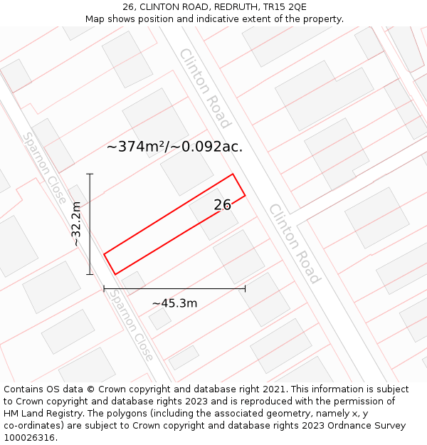 26, CLINTON ROAD, REDRUTH, TR15 2QE: Plot and title map