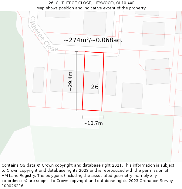 26, CLITHEROE CLOSE, HEYWOOD, OL10 4XF: Plot and title map