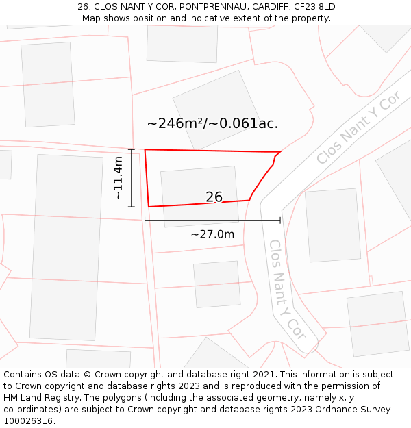 26, CLOS NANT Y COR, PONTPRENNAU, CARDIFF, CF23 8LD: Plot and title map