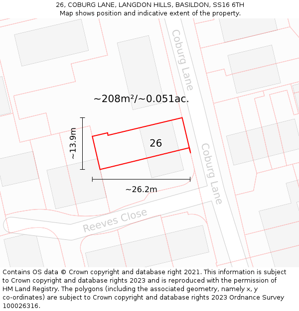 26, COBURG LANE, LANGDON HILLS, BASILDON, SS16 6TH: Plot and title map