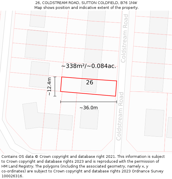 26, COLDSTREAM ROAD, SUTTON COLDFIELD, B76 1NW: Plot and title map