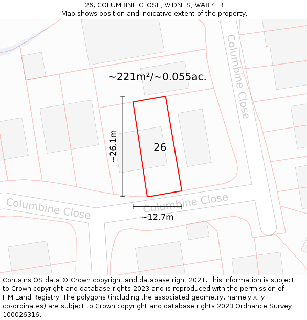 26, COLUMBINE CLOSE, WIDNES, WA8 4TR: Plot and title map