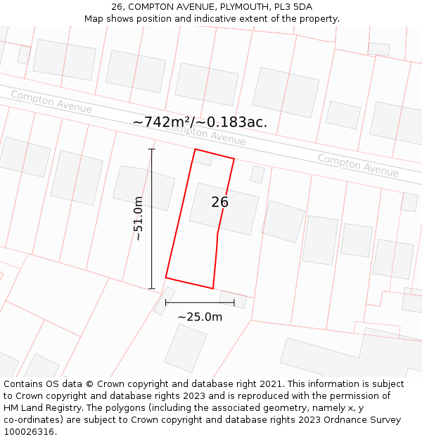 26, COMPTON AVENUE, PLYMOUTH, PL3 5DA: Plot and title map