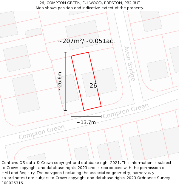 26, COMPTON GREEN, FULWOOD, PRESTON, PR2 3UT: Plot and title map