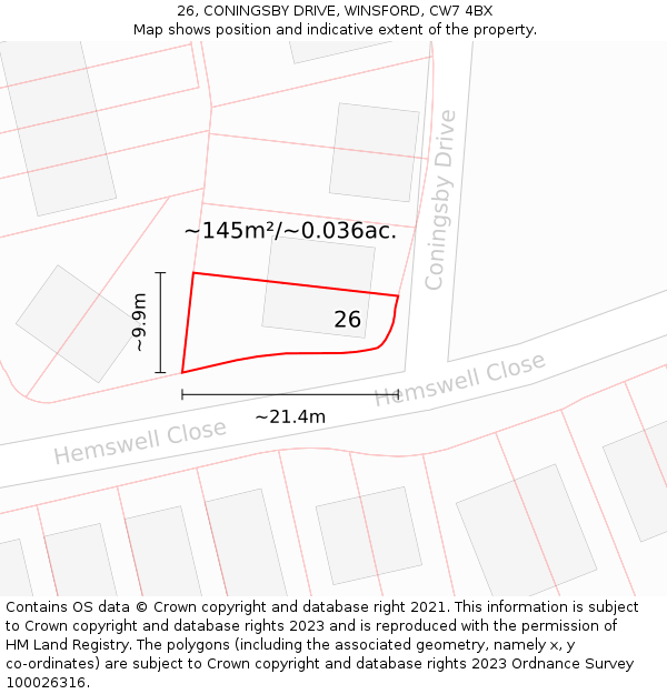 26, CONINGSBY DRIVE, WINSFORD, CW7 4BX: Plot and title map