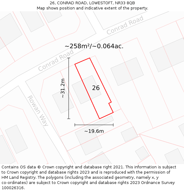 26, CONRAD ROAD, LOWESTOFT, NR33 8QB: Plot and title map
