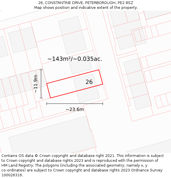26, CONSTANTINE DRIVE, PETERBOROUGH, PE2 8SZ: Plot and title map