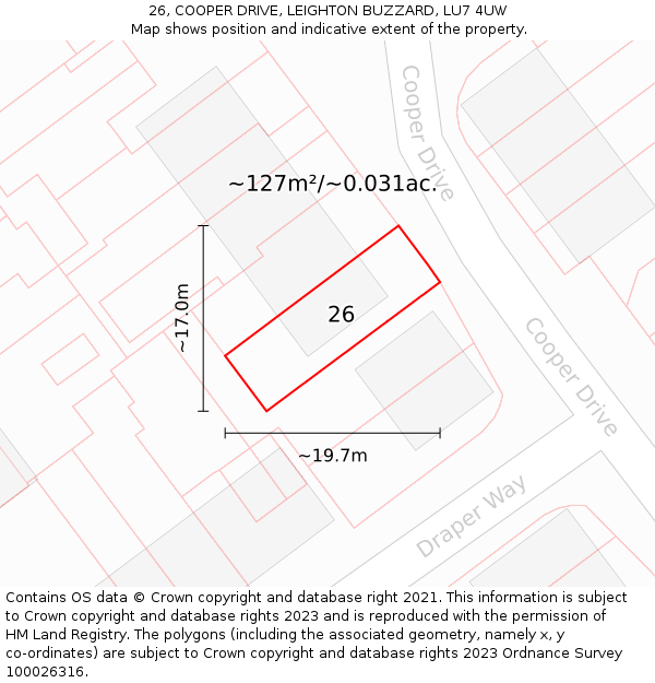 26, COOPER DRIVE, LEIGHTON BUZZARD, LU7 4UW: Plot and title map