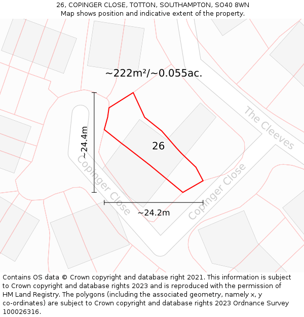 26, COPINGER CLOSE, TOTTON, SOUTHAMPTON, SO40 8WN: Plot and title map