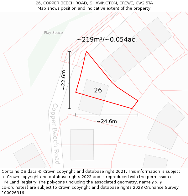 26, COPPER BEECH ROAD, SHAVINGTON, CREWE, CW2 5TA: Plot and title map