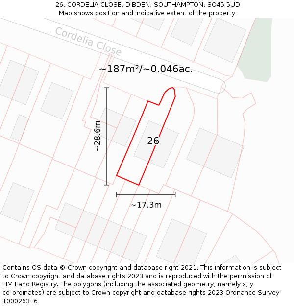 26, CORDELIA CLOSE, DIBDEN, SOUTHAMPTON, SO45 5UD: Plot and title map