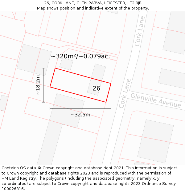 26, CORK LANE, GLEN PARVA, LEICESTER, LE2 9JR: Plot and title map