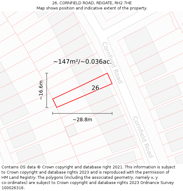 26, CORNFIELD ROAD, REIGATE, RH2 7HE: Plot and title map