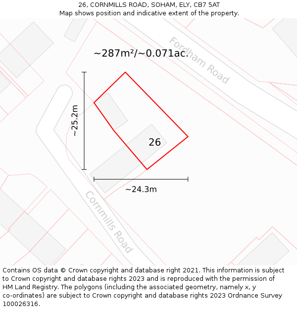 26, CORNMILLS ROAD, SOHAM, ELY, CB7 5AT: Plot and title map