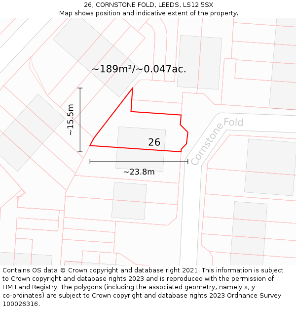 26, CORNSTONE FOLD, LEEDS, LS12 5SX: Plot and title map