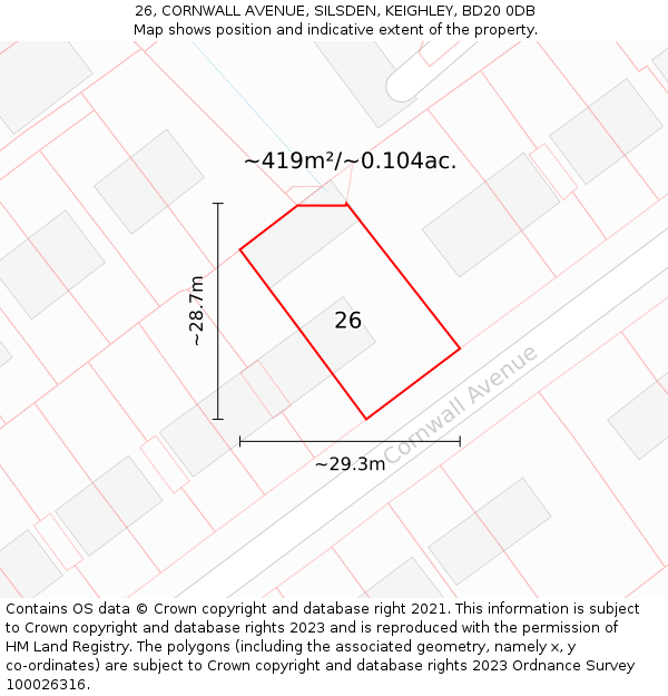 26, CORNWALL AVENUE, SILSDEN, KEIGHLEY, BD20 0DB: Plot and title map