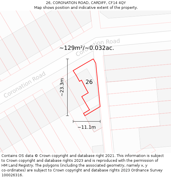 26, CORONATION ROAD, CARDIFF, CF14 4QY: Plot and title map