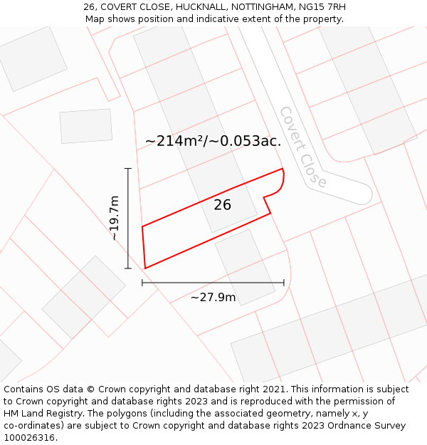 26, COVERT CLOSE, HUCKNALL, NOTTINGHAM, NG15 7RH: Plot and title map