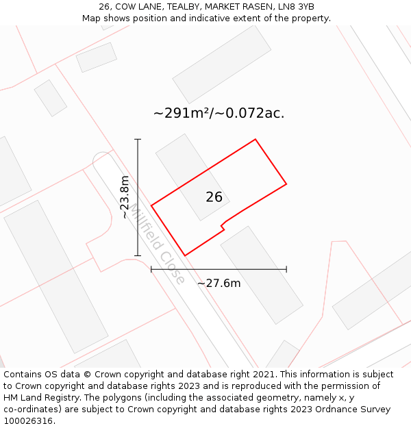 26, COW LANE, TEALBY, MARKET RASEN, LN8 3YB: Plot and title map