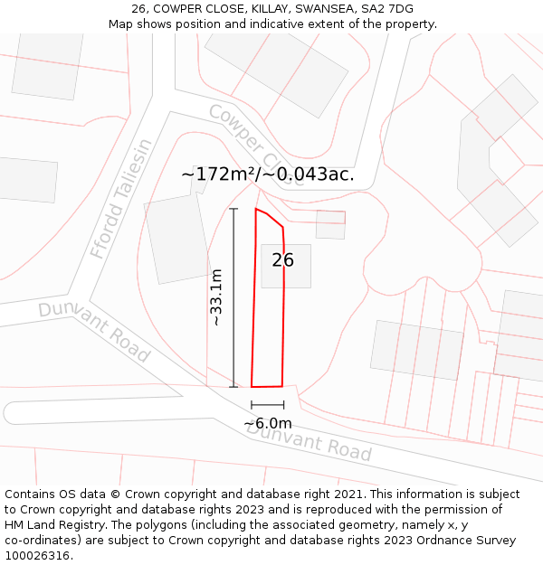 26, COWPER CLOSE, KILLAY, SWANSEA, SA2 7DG: Plot and title map