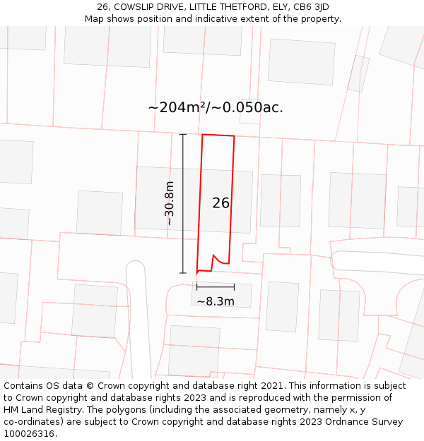 26, COWSLIP DRIVE, LITTLE THETFORD, ELY, CB6 3JD: Plot and title map