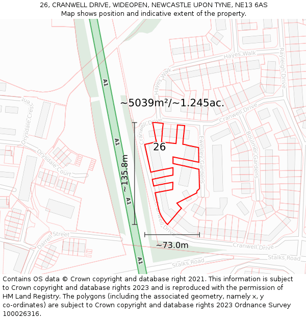 26, CRANWELL DRIVE, WIDEOPEN, NEWCASTLE UPON TYNE, NE13 6AS: Plot and title map