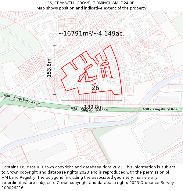 26, CRANWELL GROVE, BIRMINGHAM, B24 0RL: Plot and title map