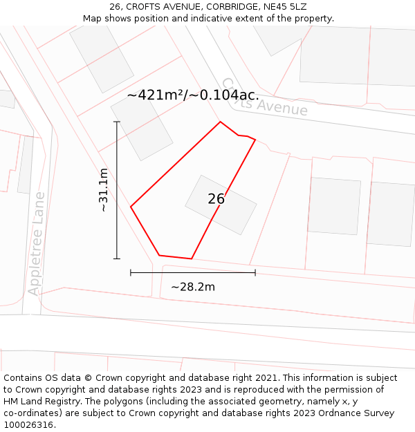 26, CROFTS AVENUE, CORBRIDGE, NE45 5LZ: Plot and title map