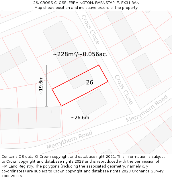 26, CROSS CLOSE, FREMINGTON, BARNSTAPLE, EX31 3AN: Plot and title map