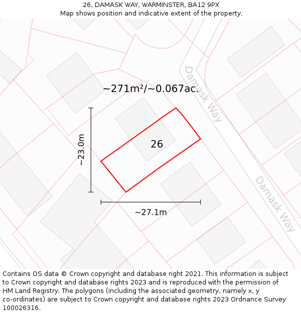 26, DAMASK WAY, WARMINSTER, BA12 9PX: Plot and title map