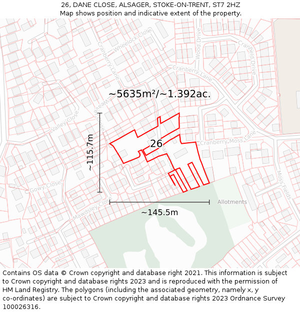 26, DANE CLOSE, ALSAGER, STOKE-ON-TRENT, ST7 2HZ: Plot and title map