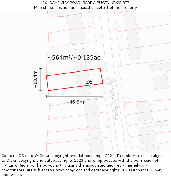 26, DAVENTRY ROAD, BARBY, RUGBY, CV23 8TR: Plot and title map