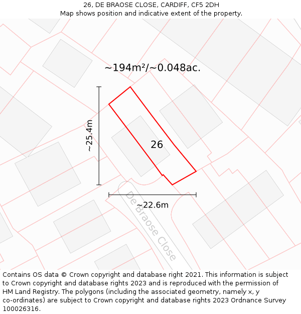26, DE BRAOSE CLOSE, CARDIFF, CF5 2DH: Plot and title map
