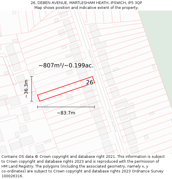 26, DEBEN AVENUE, MARTLESHAM HEATH, IPSWICH, IP5 3QP: Plot and title map
