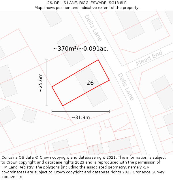 26, DELLS LANE, BIGGLESWADE, SG18 8LP: Plot and title map