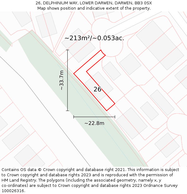26, DELPHINIUM WAY, LOWER DARWEN, DARWEN, BB3 0SX: Plot and title map