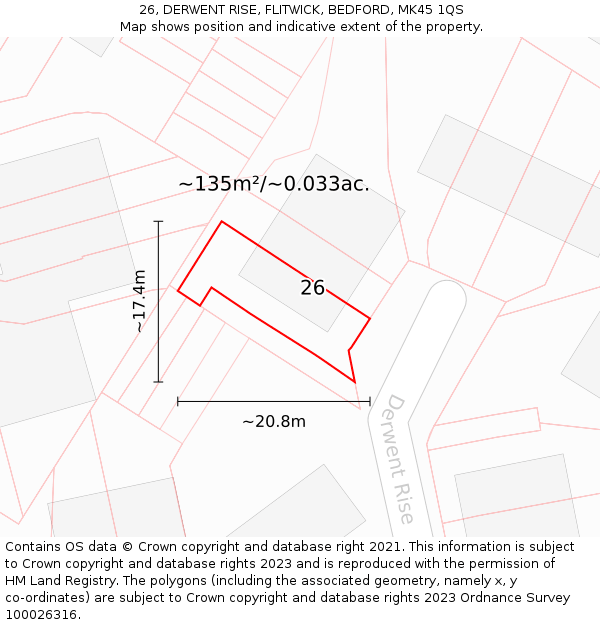 26, DERWENT RISE, FLITWICK, BEDFORD, MK45 1QS: Plot and title map