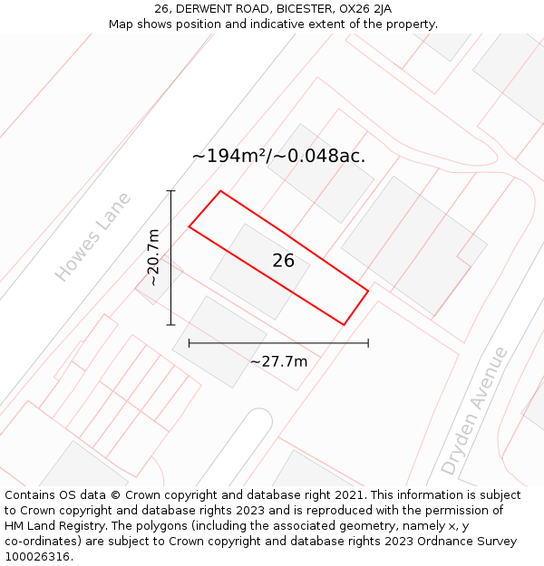 26, DERWENT ROAD, BICESTER, OX26 2JA: Plot and title map