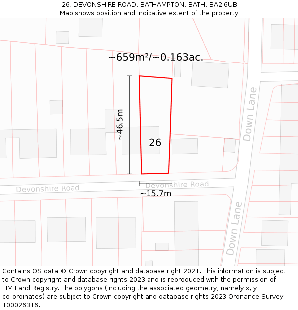 26, DEVONSHIRE ROAD, BATHAMPTON, BATH, BA2 6UB: Plot and title map