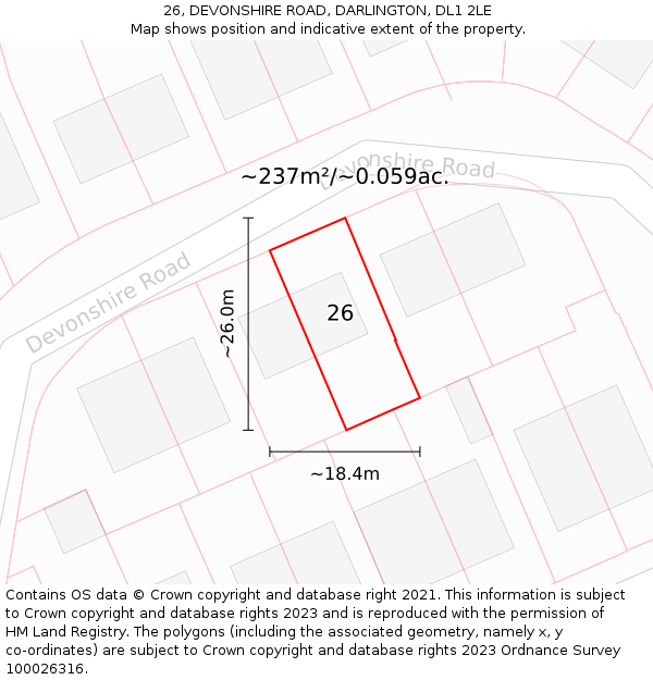 26, DEVONSHIRE ROAD, DARLINGTON, DL1 2LE: Plot and title map