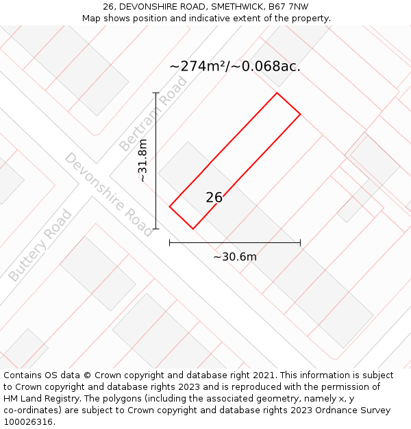 26, DEVONSHIRE ROAD, SMETHWICK, B67 7NW: Plot and title map