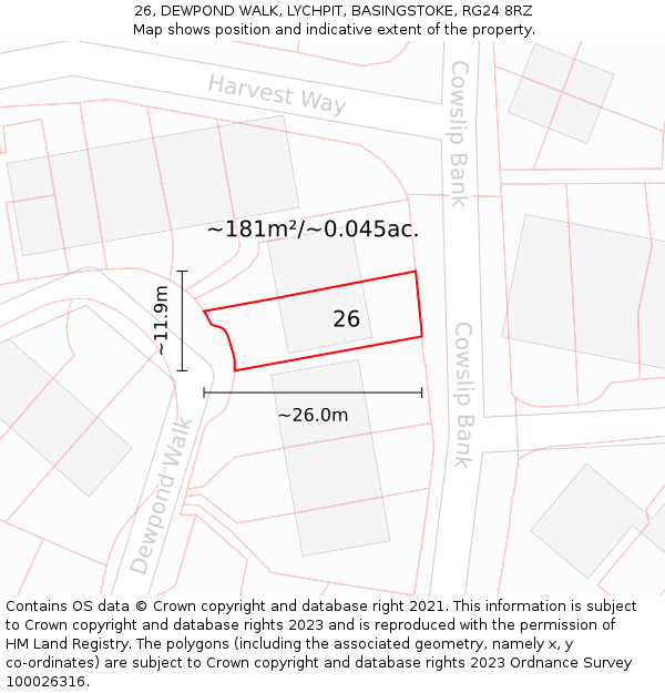 26, DEWPOND WALK, LYCHPIT, BASINGSTOKE, RG24 8RZ: Plot and title map