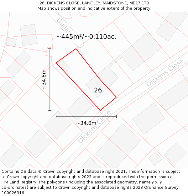 26, DICKENS CLOSE, LANGLEY, MAIDSTONE, ME17 1TB: Plot and title map