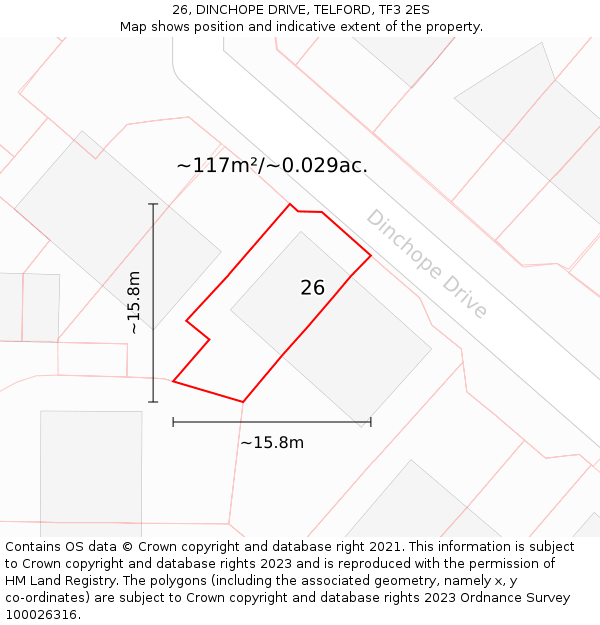 26, DINCHOPE DRIVE, TELFORD, TF3 2ES: Plot and title map